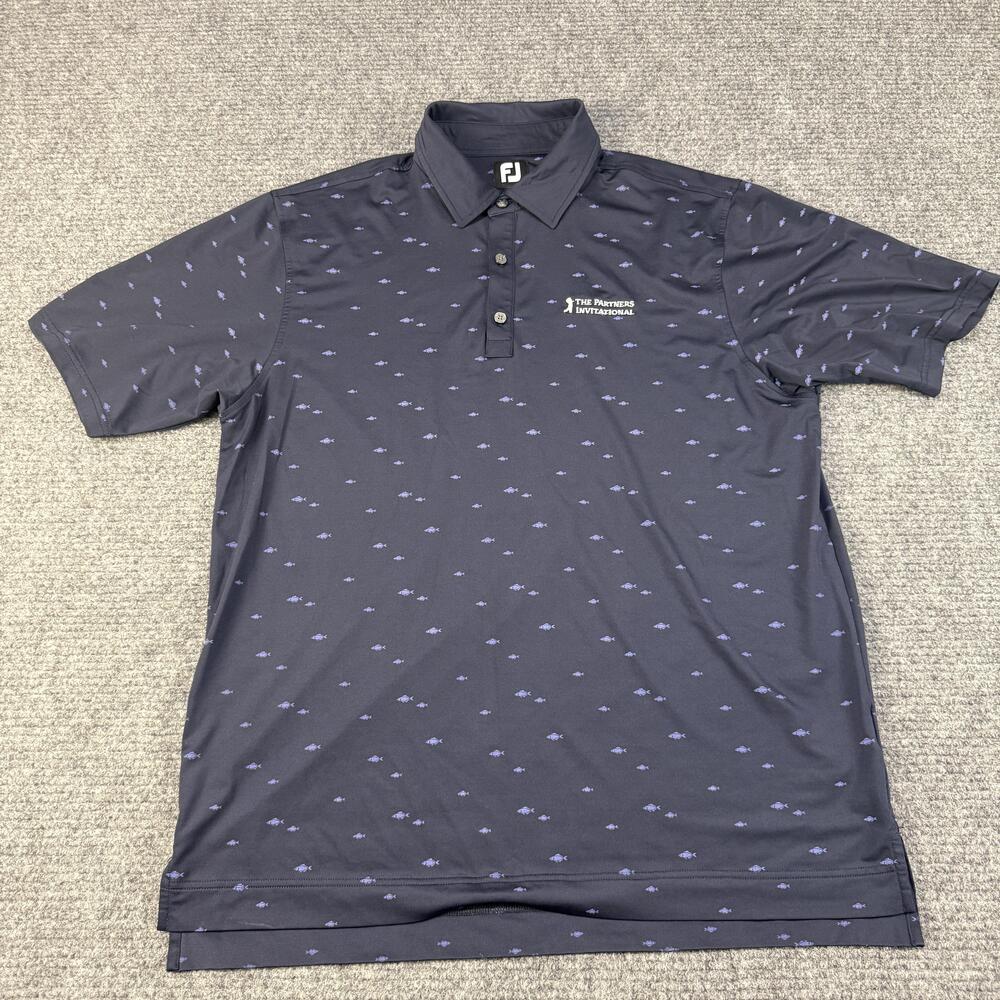 FootJoy Polo Shirt Mens Large Navy Blue Performance Hawaiian Fish Pattern Golf